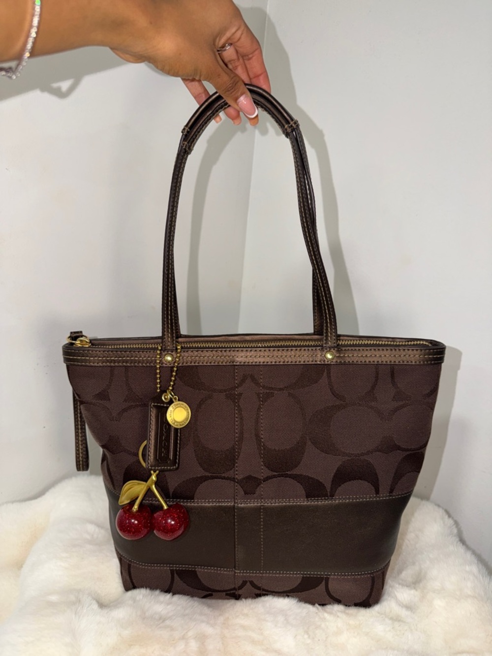 Coach Dark Brown Signature Canvas Tote with Cherry Charm